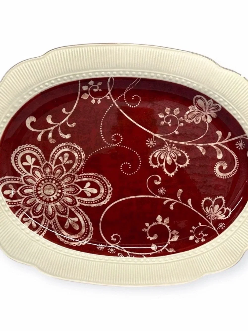 Pier 1 Imports Maribeth 18” Oval Serving Platter Burgundy Cream Ironstone